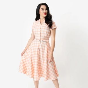 Unique Vintage Peach & White Gingham Dress